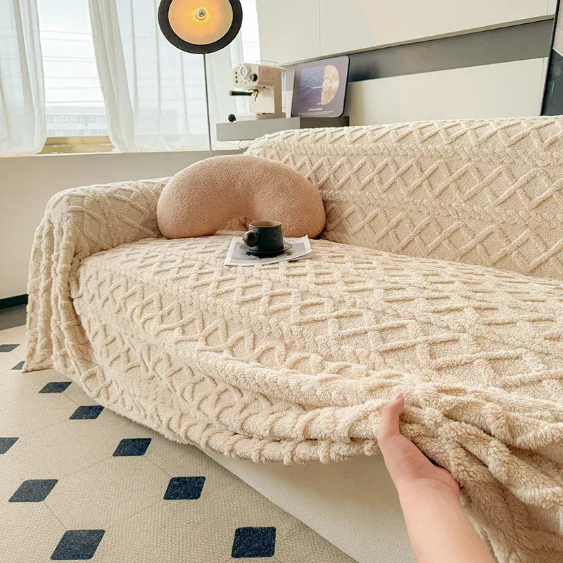 Manta Coral Bege Fleece Grossa para Sofá e Sala de estar Lenogue / 180 x 130 Cm