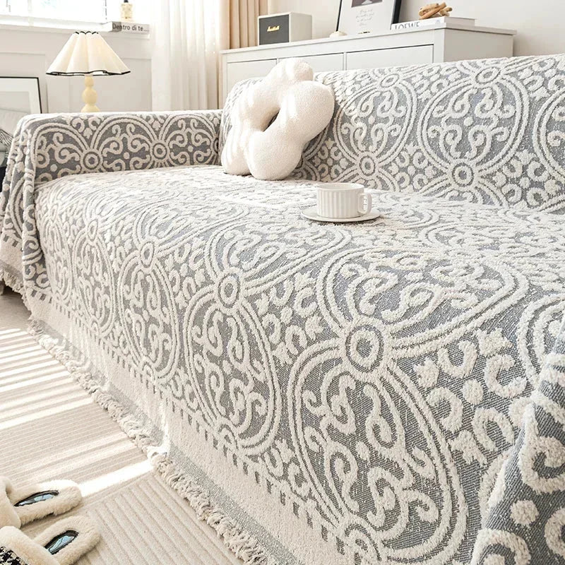 Manta de Pelúcia Espessa Boho para Sofá Bege e Branco Lenogue