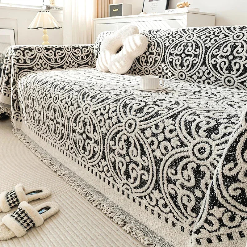 Manta de Pelúcia Espessa Boho para Sofá Bege e Branco Lenogue