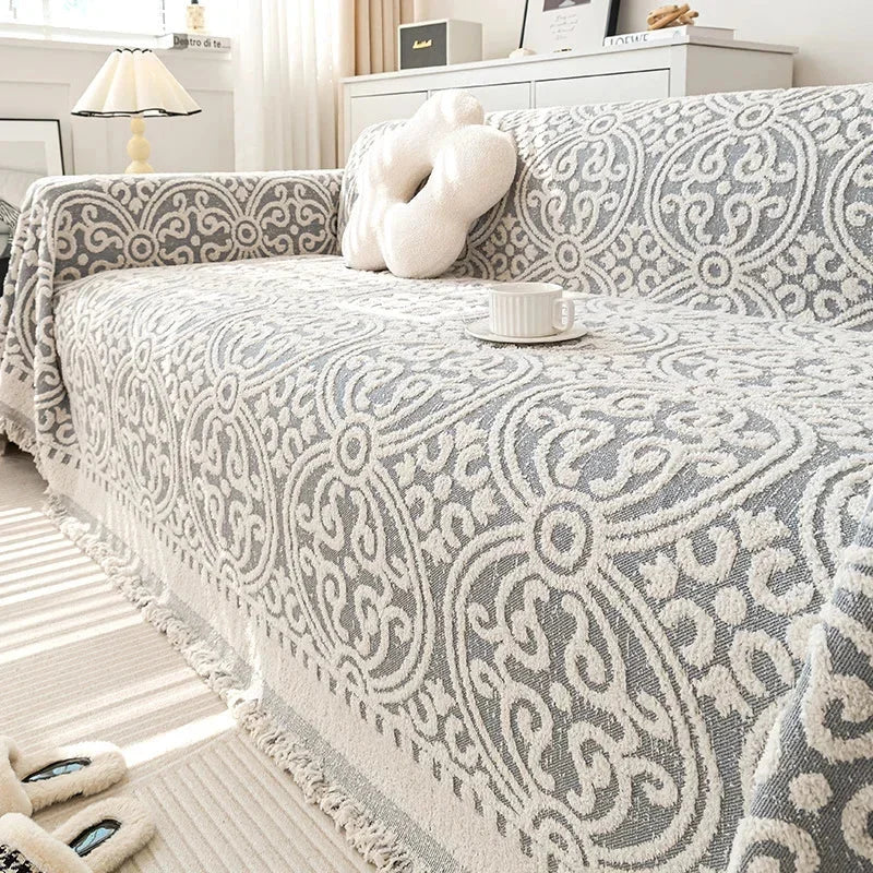 Manta de Pelúcia Espessa Boho para Sofá Cinza e Branco Lenogue