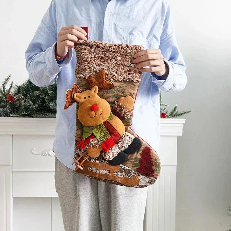 Meia Natalina Decorativa de Cânhamo e Flanela para Lareira 48cm Lenogue Alce