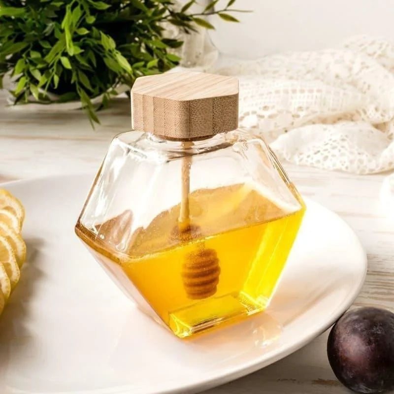 Meleira de Vidro com Tampa Madeira e Colher para Mel Lenogue 220ml