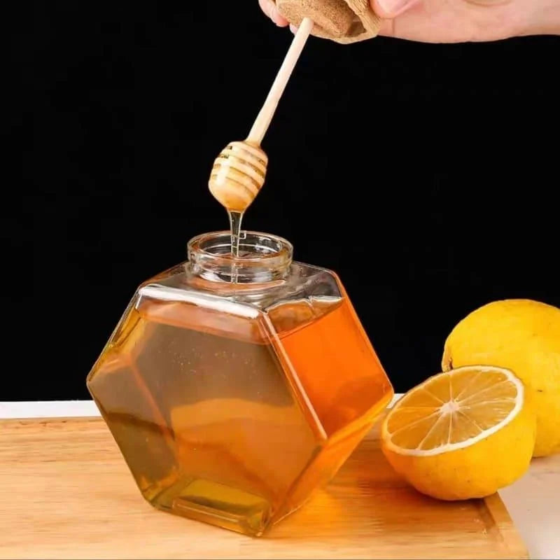 Meleira de Vidro com Tampa Madeira e Colher para Mel Lenogue
