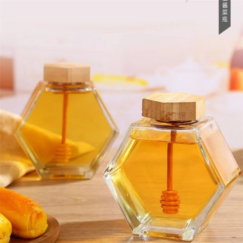 Meleira de Vidro com Tampa Madeira e Colher para Mel Lenogue