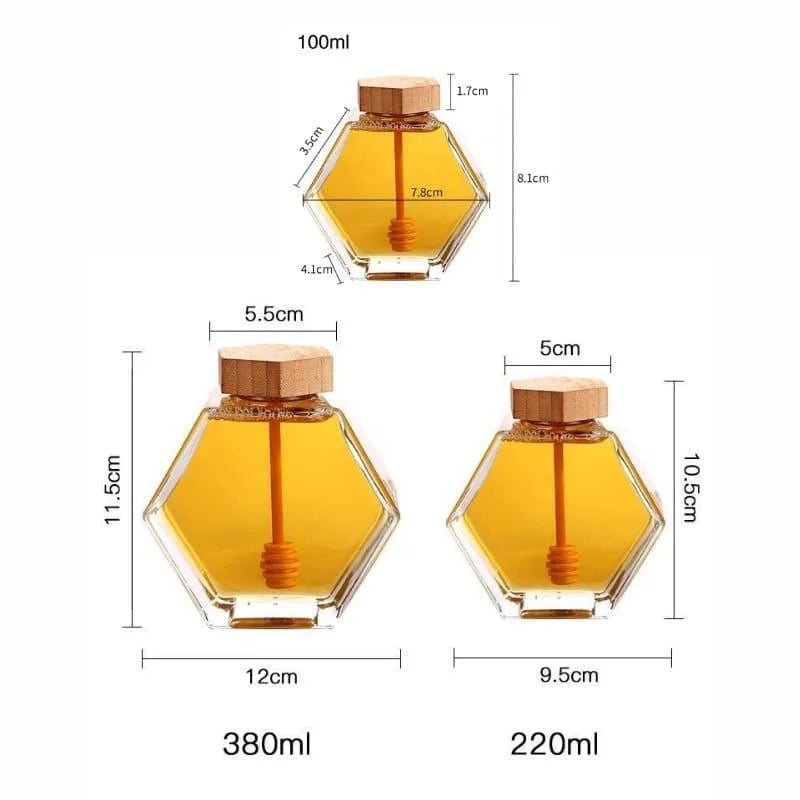 Meleira de Vidro com Tampa Madeira e Colher para Mel Lenogue