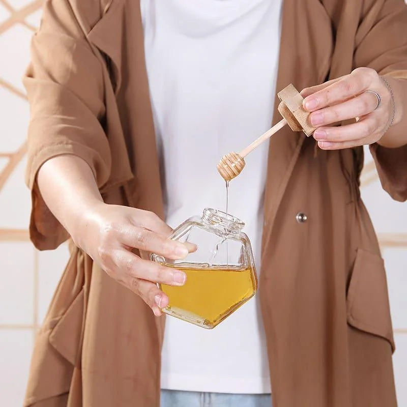 Meleira de Vidro com Tampa Madeira e Colher para Mel Lenogue