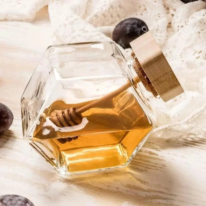 Meleira de Vidro com Tampa Madeira e Colher para Mel Lenogue