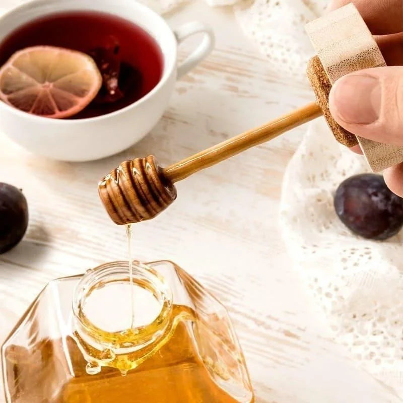 Meleira de Vidro com Tampa Madeira e Colher para Mel Lenogue