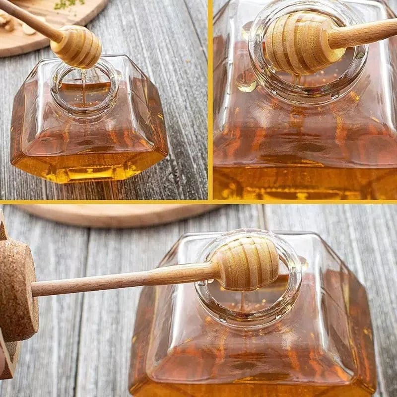 Meleira de Vidro com Tampa Madeira e Colher para Mel Lenogue
