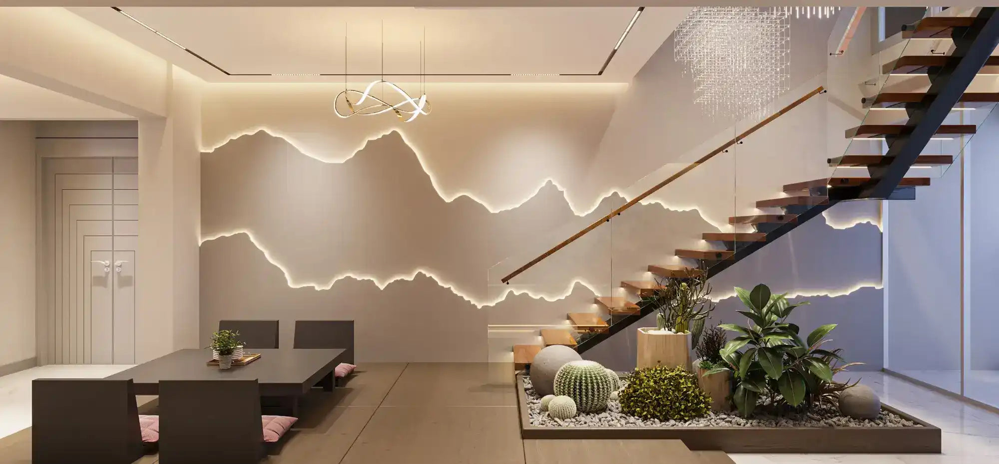 Interior moderno com iluminação temática de montanha.