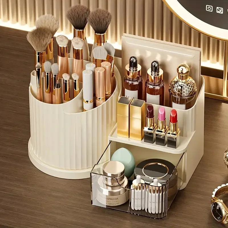 Organizador de Maquiagem Giratório Suporte Pincéis e Gaveta Lenogue Bege