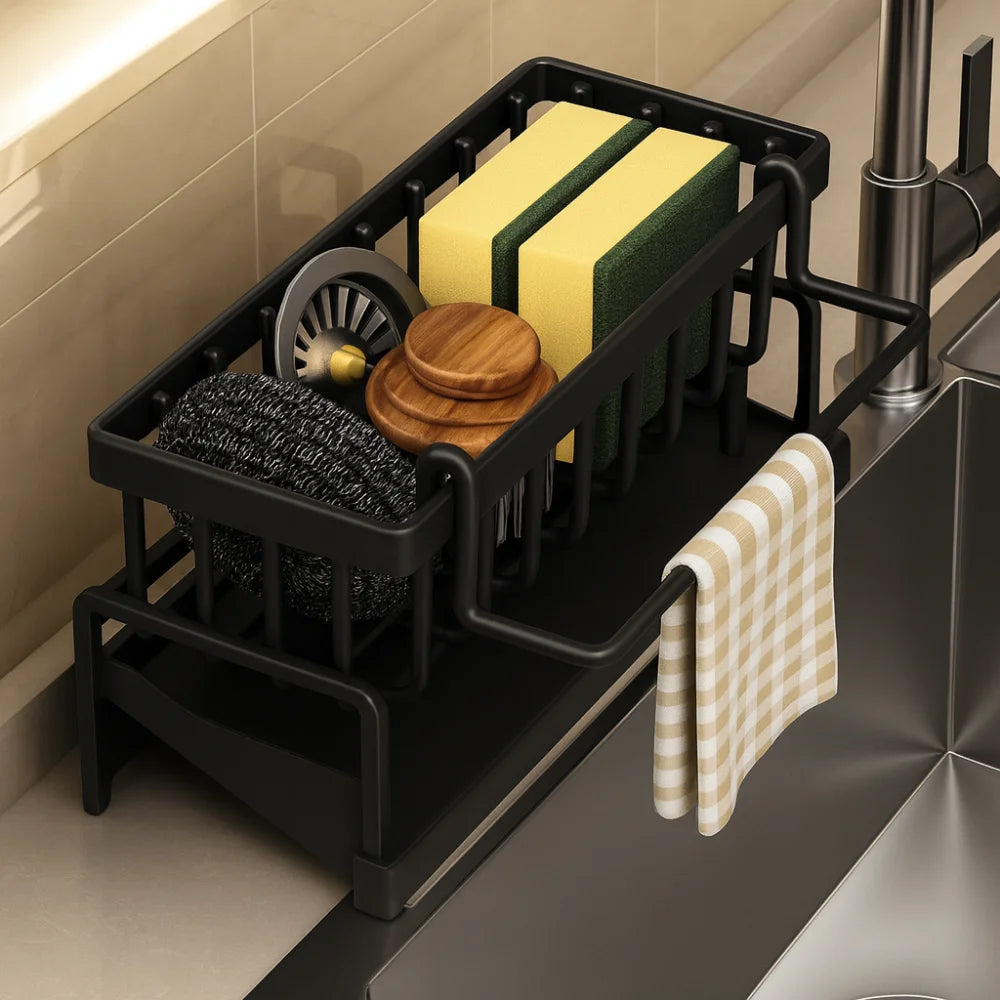 Organizador de Pia com Prateleira e Dreno para Cozinha Lenogue Preto