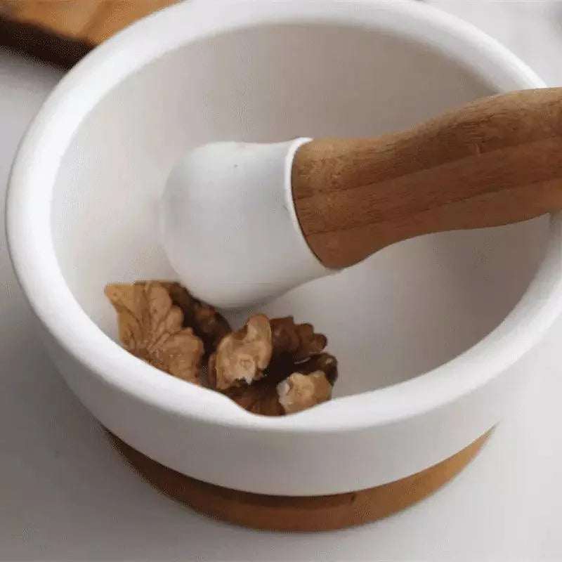 Pilão e Macerador de Cerâmica com Base Madeira para Cozinha Lenogue