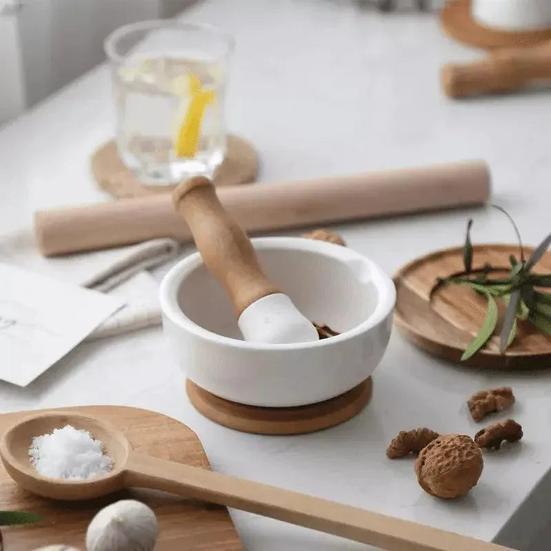 Pilão e Macerador de Cerâmica com Base Madeira para Cozinha Lenogue