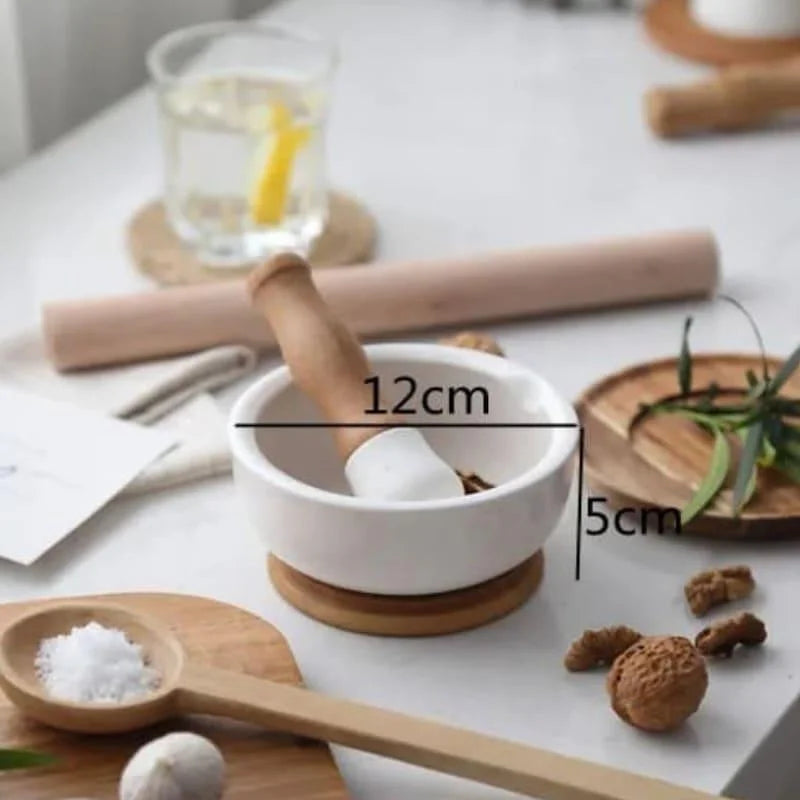 Pilão e Macerador de Cerâmica com Base Madeira para Cozinha Lenogue