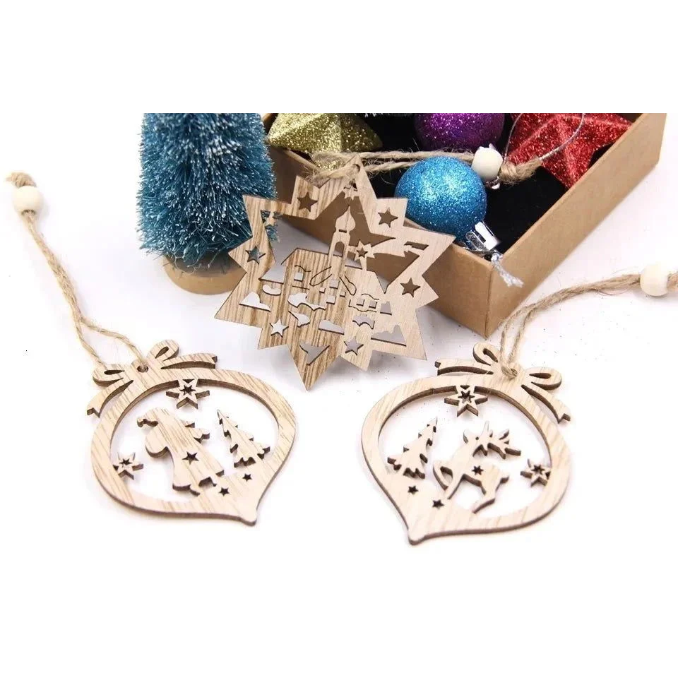 Pingentes de Natal Rústicos em Madeira 12 Unidades para árvore Lenogue Branca (12 Unidades)