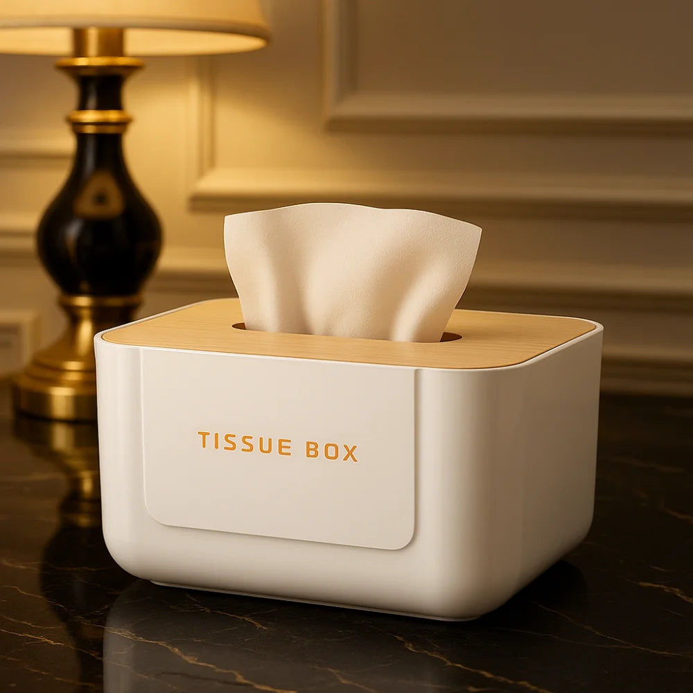 Porta Lenços Estilo Japonês com Tampa de Bambu Lenogue Branco