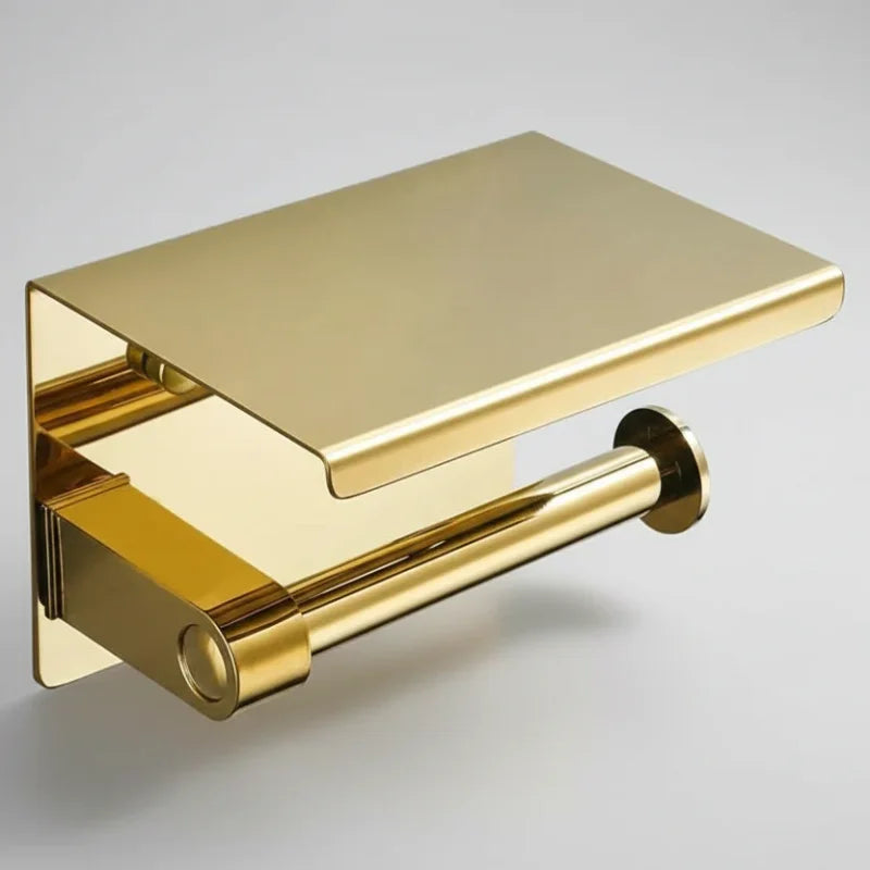 Porta Papel Higiênico com Prateleira em Aço Inox Lenogue Dourado (simples)