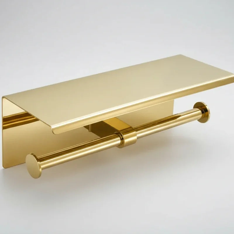 Porta Papel Higiênico com Prateleira em Aço Inox Lenogue Dourado (duplo)