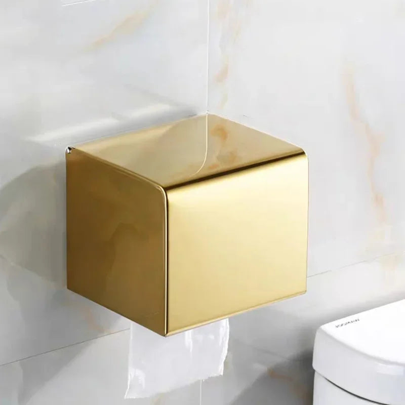 Porta Papel Higiênico com Tampa e Suporte Celular em Aço Inox Lenogue Dourado Simples