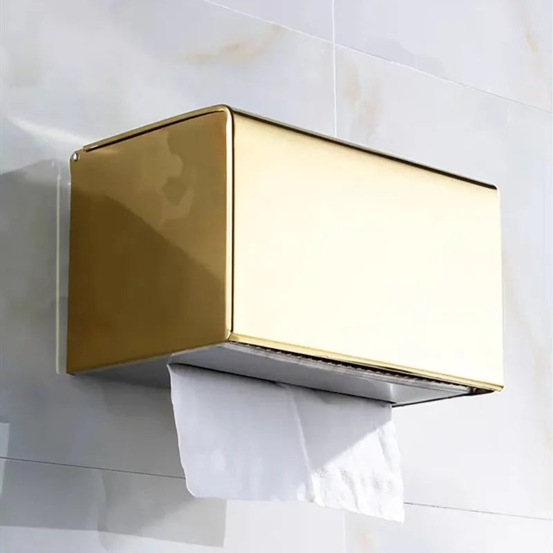 Porta Papel Higiênico com Tampa e Suporte Celular em Aço Inox Lenogue Dourado Estendido
