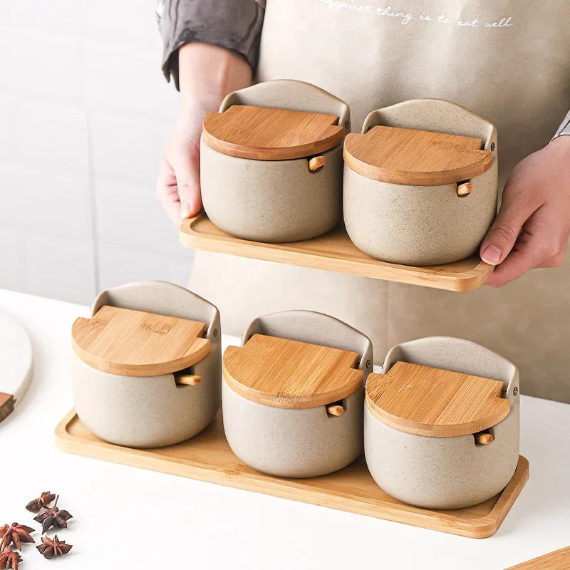 Pote de Temperos Cerâmica Estilo Japonês com Tampa Bambu Lenogue