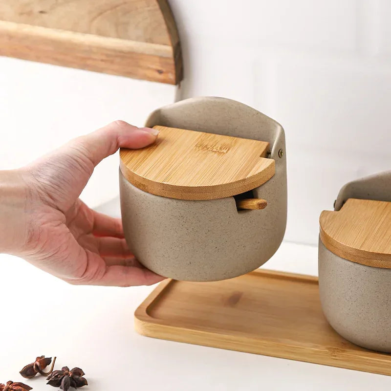 Pote de Temperos Cerâmica Estilo Japonês com Tampa Bambu Lenogue