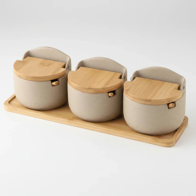 Pote de Temperos Cerâmica Estilo Japonês com Tampa Bambu Lenogue