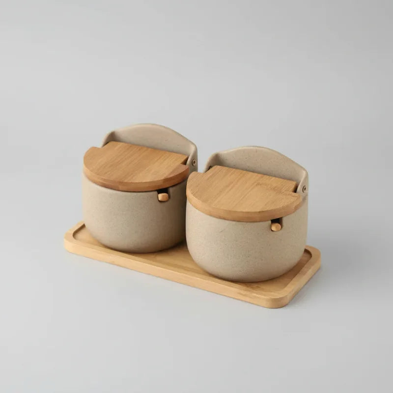 Pote de Temperos Cerâmica Estilo Japonês com Tampa Bambu Lenogue