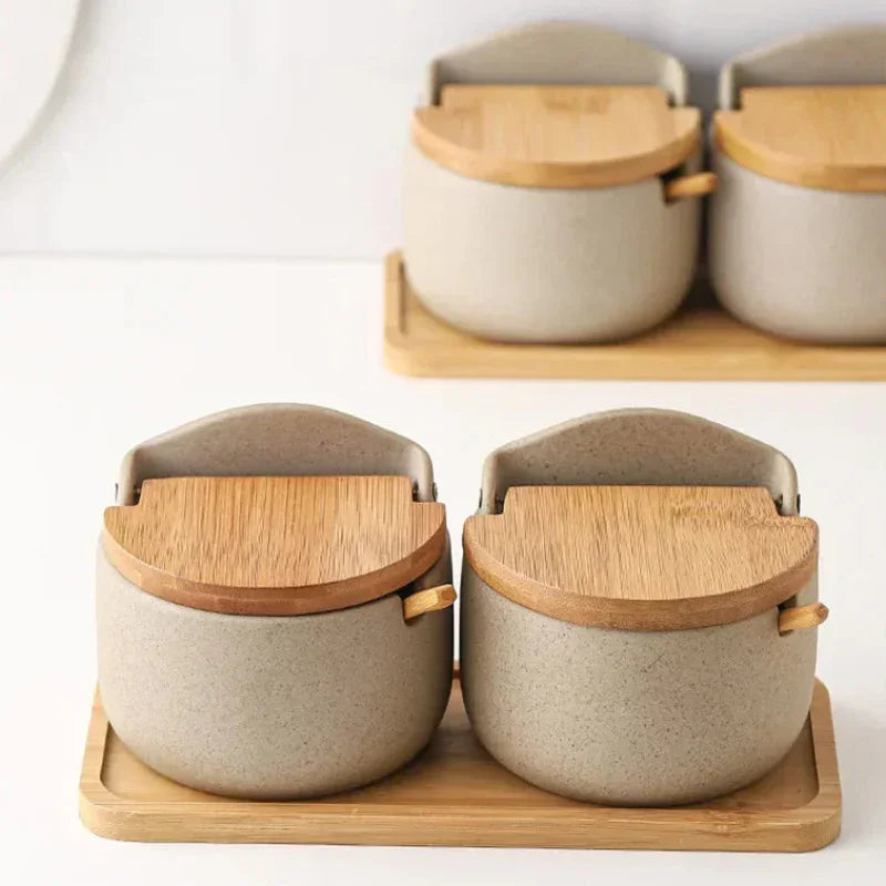 Pote de Temperos Cerâmica Estilo Japonês com Tampa Bambu Lenogue