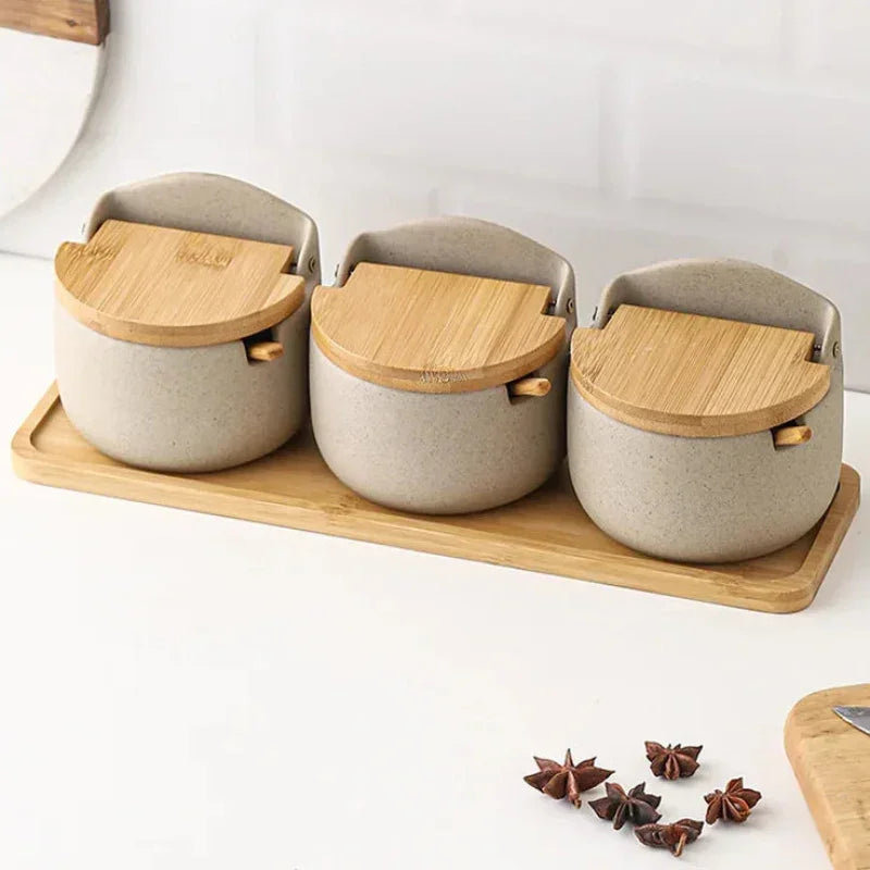 Pote de Temperos Cerâmica Estilo Japonês com Tampa Bambu Lenogue Bege (3 Peças)