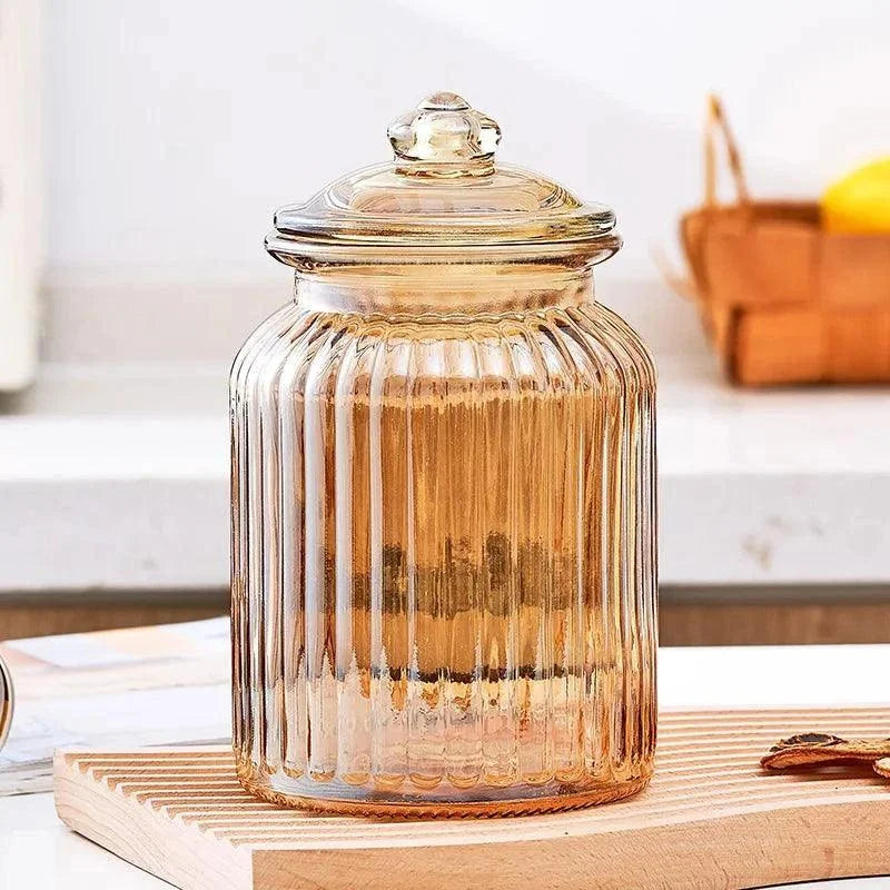 Pote de Vidro Listrado Criativo âmbar Lacrado para Chá e Doces Lenogue Mod. 950ml - 1 Peça