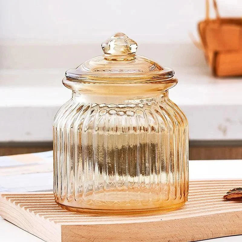 Pote de Vidro Listrado Criativo âmbar Lacrado para Chá e Doces Lenogue Mod. 650ml - 1 Peça
