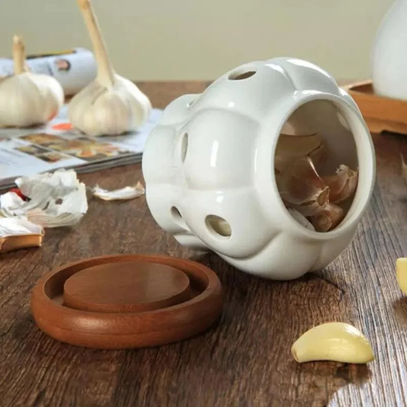 Pote Organizador de Cerâmica com Tampa Madeira Lenogue