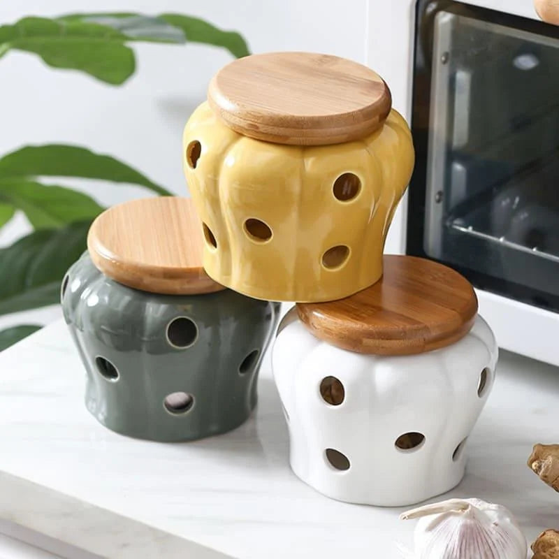 Pote Organizador de Cerâmica com Tampa Madeira Lenogue