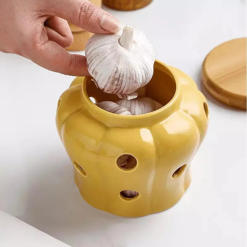 Pote Organizador de Cerâmica com Tampa Madeira Lenogue