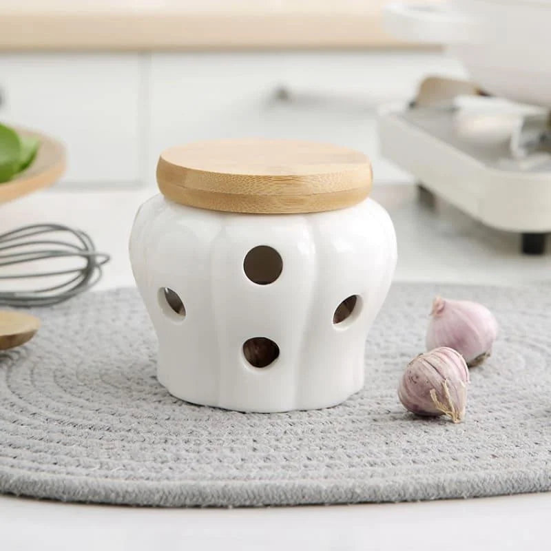 Pote Organizador de Cerâmica com Tampa Madeira Lenogue