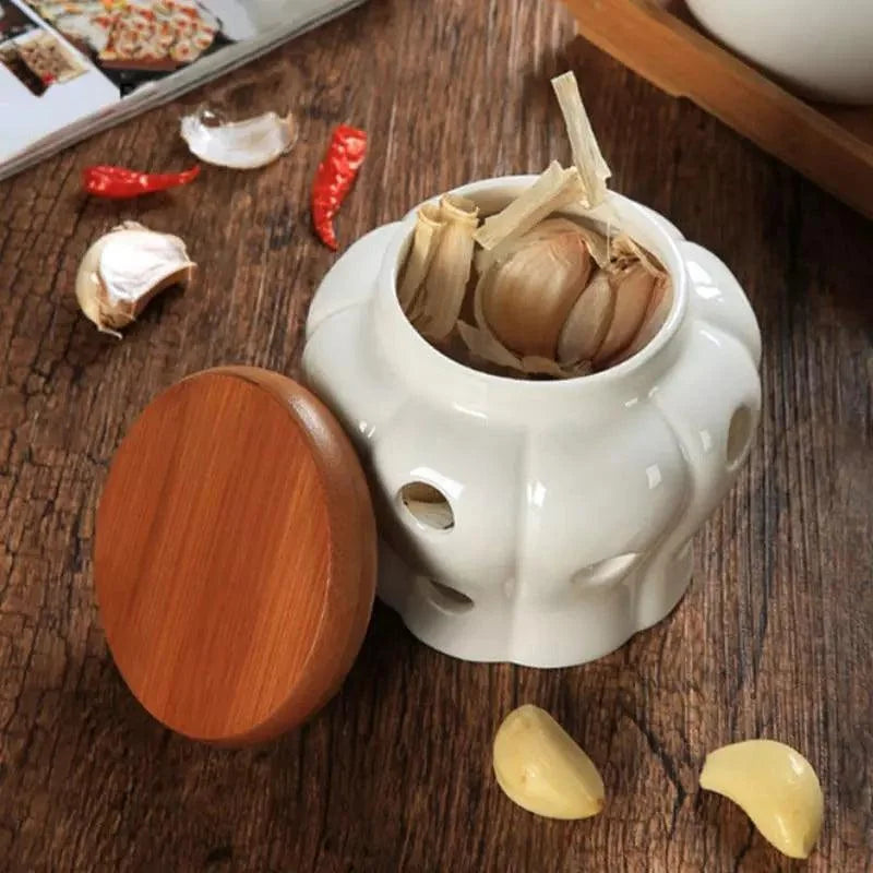 Pote Organizador de Cerâmica com Tampa Madeira Lenogue