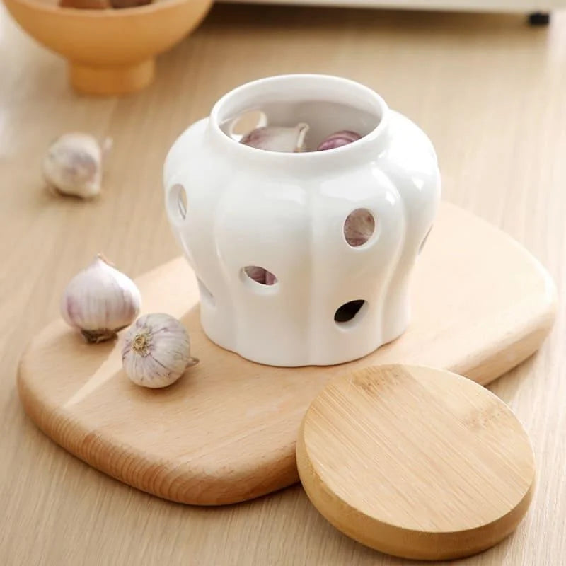 Pote Organizador de Cerâmica com Tampa Madeira Lenogue