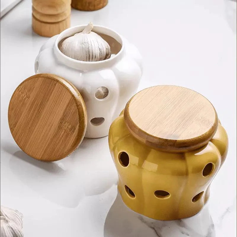 Pote Organizador de Cerâmica com Tampa Madeira Lenogue