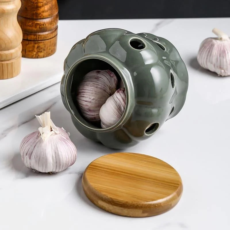 Pote Organizador de Cerâmica com Tampa Madeira Lenogue