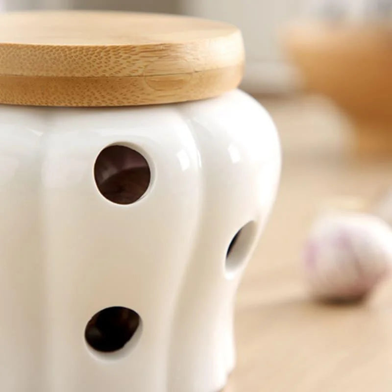 Pote Organizador de Cerâmica com Tampa Madeira Lenogue