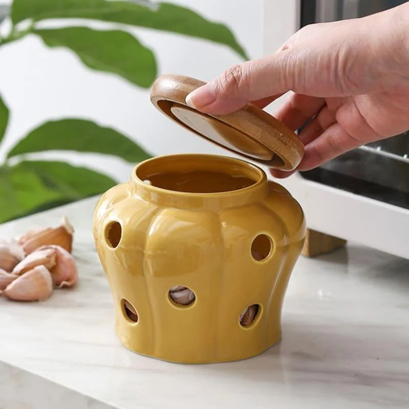 Pote Organizador de Cerâmica com Tampa Madeira Lenogue Amarelo