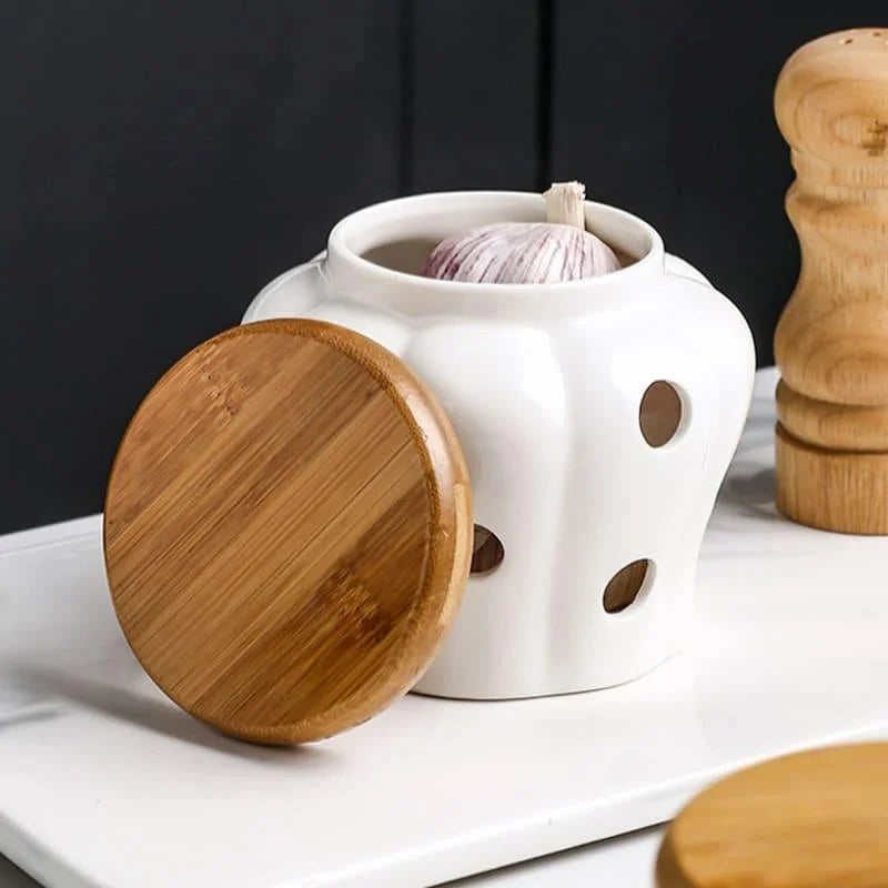 Pote Organizador de Cerâmica com Tampa Madeira Lenogue Branco