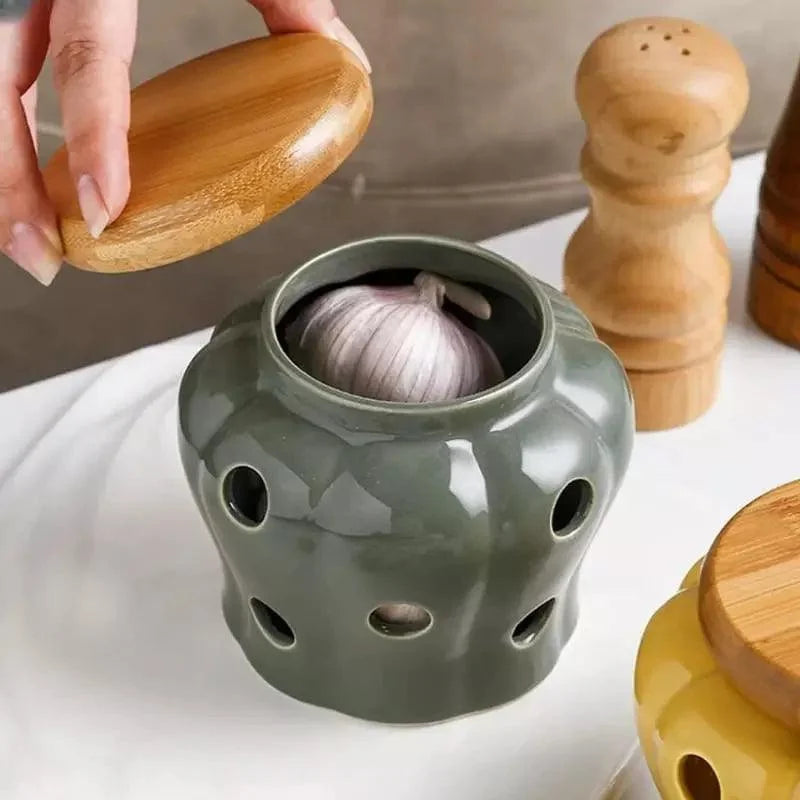 Pote Organizador de Cerâmica com Tampa Madeira Lenogue Cinza