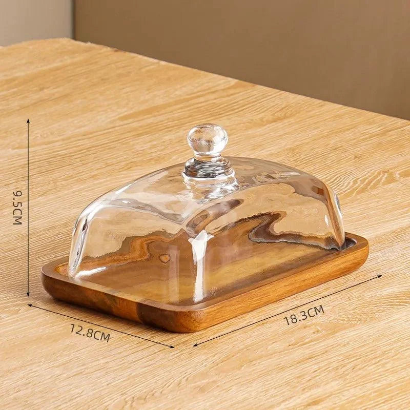 Prato de Madeira com Tampa Vidro para Servir Queijo Lenogue