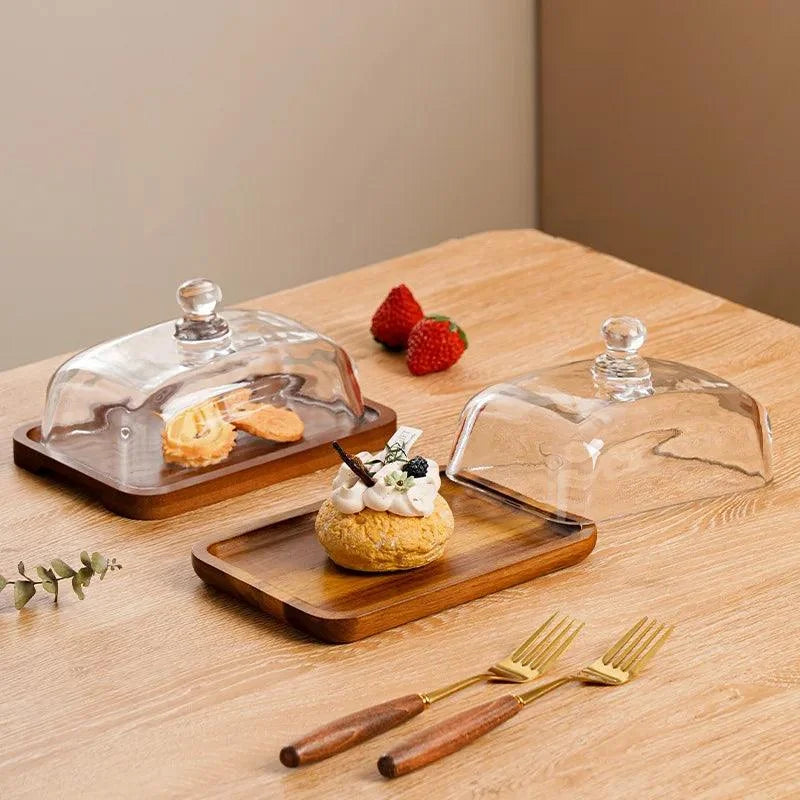 Prato de Madeira com Tampa Vidro para Servir Queijo Lenogue