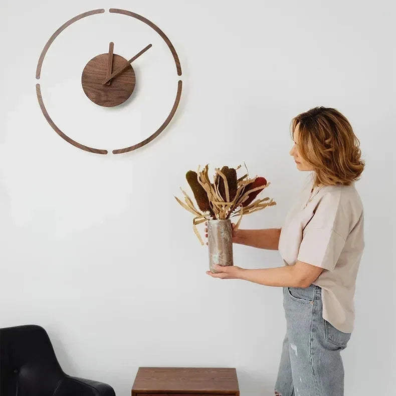 Relógio de Parede Quartz em Vidro e Nogueira Silencioso Lenogue