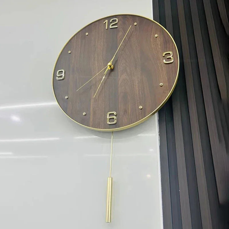 Relógio de Parede Silencioso Cobre com Pêndulo Lenogue Madeira Escura