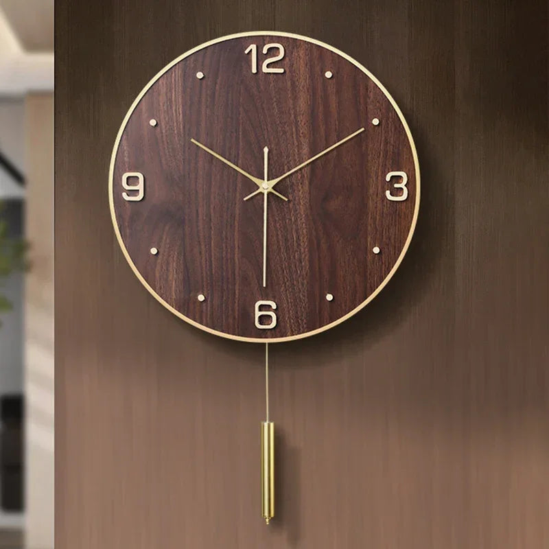 Relógio de Parede Silencioso Cobre com Pêndulo Lenogue Madeira Escura